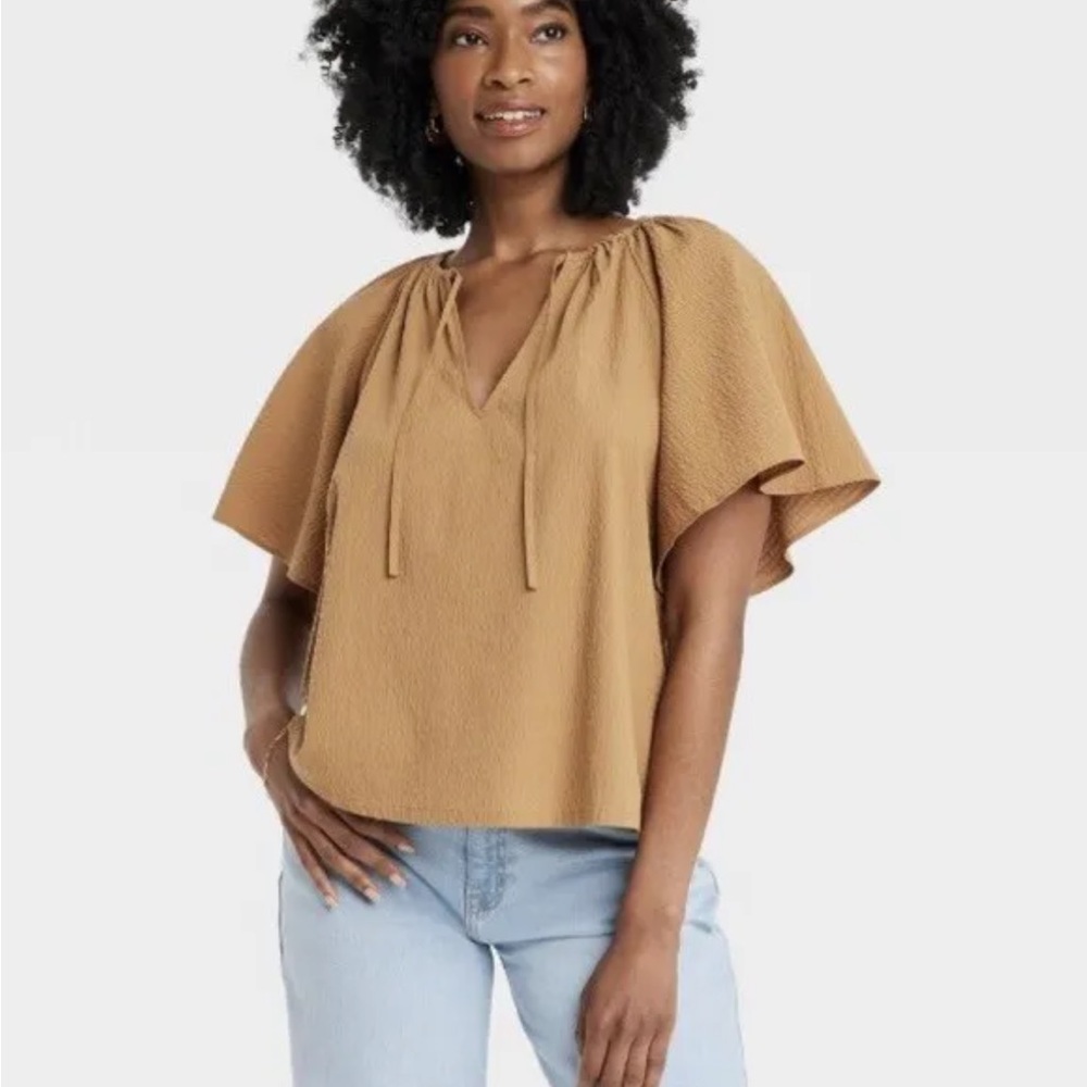 A New Day Flounce Short Sleeve V Neck Popover Top Brown Small